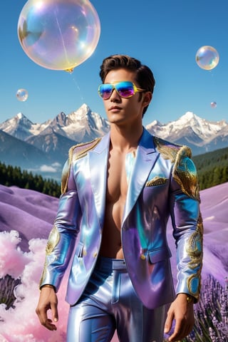 A handsome fit young man in a unique suit, made of iridescent feathers, floats in a sky filled with lavender hues. He wears a golden mask that shines with sweet and soft light, reflecting the beauty of the sky. Giant bubbles, filled with dreams and magical landscapes, float around, showing images of crystal trees and mountains made of cotton candy. The atmosphere is ethereal and magical, full of awe and wonder, giving the feeling of being in a place outside of time and space.,Handsome boy,Muscle,powerdef