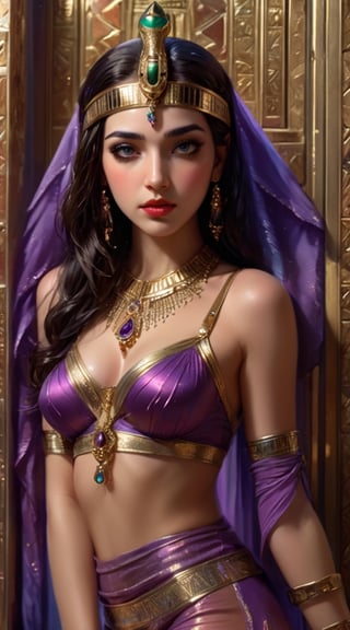 A captivating movie scene of the enigmatic Egyptian princess Cleopatra. an exotic svelte Egyptian dancer from Cleopatra era, she is willowy wearing revealing purple dress with gems, green eyes, fair face, red lips, sheer face viel , she is holding a beautiful dagger, hiding behind a door, wall is decorated with golden Egyptian patterns. Realistic detailed image, High quality, ,xxmix_girl