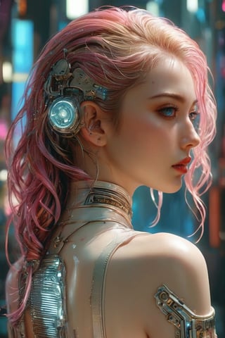 from back side, [(((shot from the back in three-quarter))), stunningly beautifu cyborg an open back(slim perfect:0.8) (pastel colors, ((white polymer plastic cyberpunk implants)), in Bastien Lecouffe-Deharme style:1.3) (((pale skin young girl))), ::34], [((stunningly beautiful face:1.2), stunningly realistic hair, ((hairstyle with long wavy hair)):1.1):10],[gorgeous beautiful young face, stern expression, ((looking into camera)), (expressive and deep eyes with glitter)++:12], [(android jones:0.8) | (analytical art:1.2) | (kim jung gi:0.5)::35], (((against the background inside the cyberpunk illegal laboratory style:1.1))), [(cyberpunk implants:0.6), high-contrast shadows, gloss, (stunning hyper photorealistic:1.4), ( RAW quality), cinematic, cyberpunk lighting from multiple sources, (realistic objects, natural reflections, natural materials, natural textures), cinematic lighting:30], ISO 100