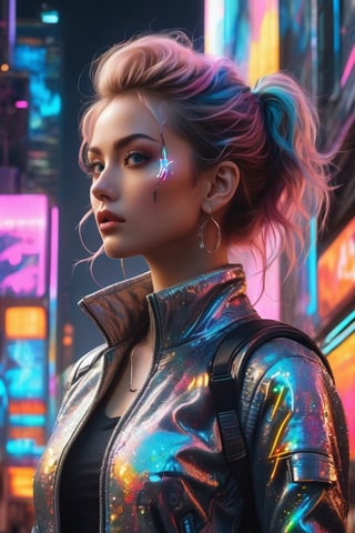full body:1.2, ((masterpiece)), ((best quality)), (((photo Realistic))), A striking portrait of a young svelte woman looking back against a glowing background adorned with futuristic gleaming gadgets. A stunning anime-inspired scene of a young woman, adorned in futuristic fashion with neon accents, leaving her mark on Earth. She holds a can of spray paint and stands next to an incredible architecture of a towering building with a glass exterior. The architecture is adorned with her graffiti artwork, which glows against the dark city skyline. The background reveals a vibrant cityscape, with a rainbow of colors painting the sky.
