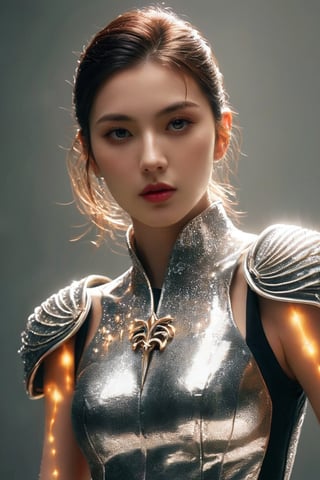 ((masterpiece)), ((best quality)), (((photo Realistic))), (portrait photo), (8k, RAW photo, best quality, masterpiece:1.2), (realistic, photo-realistic:1.3), A highly detailed and intricate female warrior with flowing brunette golden hair that seems to be ablaze, giving off an intense, fiery glow. She is adorned in intricately designed silver armor, which reflects light and has ornate patterns. The armor covers her entire body, including her arms, chest, and legs. She stands confidently In front of her, she clutches a shiny sharp spear in the form of a trident in her hand, exuding an aura of strength and determination. The background is dark, emphasizing the luminosity of her hair and the shine of her armor. She has long eyelashes and a beautiful face with sharp features. 30-megapixel, Canon EOS 5D Mark IV DSLR, 85mm lens, sharp focus, long exposure time, f/8, ISO 100, shutter speed 1/125, diffuse backlighting, fashion, cinematic, dark fantasy, portrait photography, ,xxmixgirl