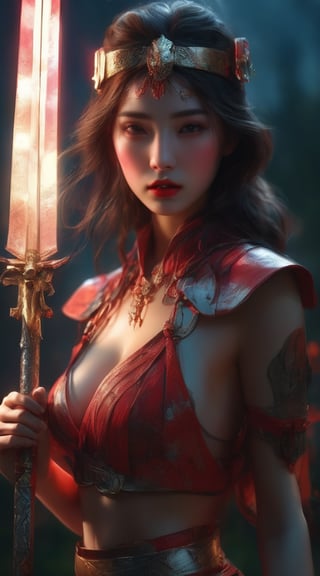 A captivating fantasy portrait of a stunning powerful young goddess. A hauntingly beautiful digital illustration of a mysterious, shadowy figure kneeling in a dimly lit, foggy field. The figure appears to be a warrior or samurai, wearing a striking straw hat with vibrant red neon edging and an enigmatic mask that conceals his identity. Her gaze remains hidden, but her intense expression conveys a powerful presence. Grasping a magnificent, futuristic sword with intricate Japanese engravings that emit a captivating, fiery red aura, the figure embodies strength and determination. The background features Mount Fuji, illuminated by the soft glow of floating embers or fireflies, and a traditional architectural structure, possibly a temple or shrine. masterfully captures the essence of tension and anticipation with a harmonious blend of warm and cool tones, creating an unforgettable,mad-cyberspace,cyberpunk,gl1tt3rsk1n,glitter