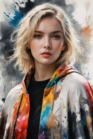 (Masterpiece, Top Quality, Best Quality, Official Art, Beauty & Aesthetics: 1.2), hdr, high contrast, (Masterpiece, Top Quality, Best Quality, Official Art, Beauty & Aesthetics: 1.2), hdr, high contrast, A stunning minimalist watercolor portrait of a woman with blonde hair, sporting a neutral expression. She is adorned with a vibrant, multicolored ink explosion cloak that cascades into an ink painting around her. The cloak, a blend of ink explosion and multi-colored elements, adds a dynamic and textured appearance. The woman wears a simple beige turtleneck sweater and black shorts beneath the cloak. The background is a plain white canvas, allowing the viewer to fully appreciate the intricate details and rich colors of the subject and her garments.,epicDiP,dripping paint