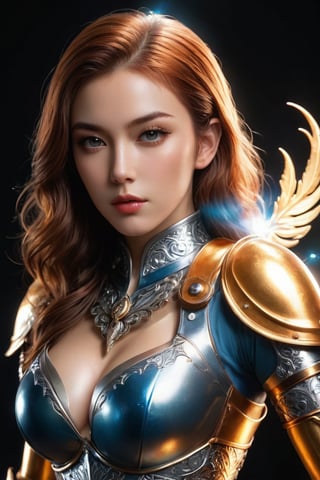 ((masterpiece)), ((best quality)), (((photo Realistic))), (portrait photo), (8k, RAW photo, best quality, masterpiece:1.2), (realistic, photo-realistic:1.3), A highly detailed and intricate female warrior with flowing golden hair that seems to be ablaze, giving off an intense, fiery glow. She is adorned in intricately sexy designed mesh-silver armor, which reflects light and has ornate patterns. The armor covers her entire body, including her arms, chest, and legs. She stands confidently In front of her, she clutches a shiny sharp spear in the form of a trident in her hand, exuding an aura of strength and determination. The background is dark, emphasizing the luminosity of her hair and the shine of her armor. She has long eyelashes and a beautiful face with sharp features. 30-megapixel, Canon EOS 5D Mark IV DSLR, 85mm lens, sharp focus, long exposure time, f/8, ISO 100, shutter speed 1/125, diffuse backlighting, fashion, cinematic, dark fantasy, portrait photography, ,xxmixgirl