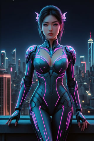 An exquisite, high-quality digital photograph of a fantasy kunoichi. The alluring female figure has a captivating face with sharp eyes, and dons a bright cyberpunk-inspired outfit decorated with neon lines and intricate designs. Her body seems to merge with a gleaming butterfly, creating a stunning visual effect. She sits gracefully on the edge of a rooftop, overlooking a metropolitan cityscape under a glittering night sky. The level of detail in this image is remarkable, showcasing a masterpiece worthy of being called a cinematic masterpiece, cinematic, photo,mad-cyberspace