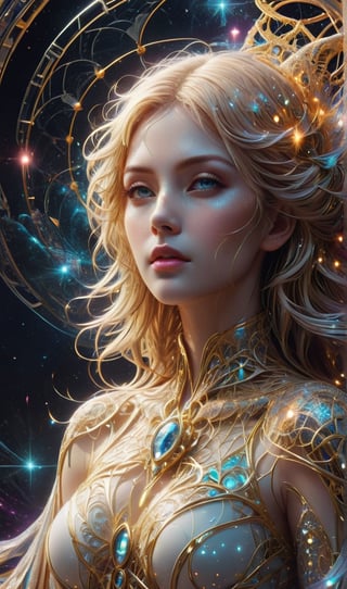 A futuristic young alluring woman with long golden hair. "The Luminous Wireframe Sorceress" is an impressive and evocative digital artwork, featuring a luminous sorceress adorned with a dress and cape made of mesh wireframe in bright white strands. The glowing lines, an intricate web of shining white strands, intertwine forming ethereal geometric patterns that glow and radiate intensely under the light. The piece masterfully combines digital rendering with portrait photography, immersing the viewer in a hypnotic and magical visual experience. The striking contrast between the white wireframe strands and the dark, mysterious background of a nebulous landscape creates a charming atmosphere that leaves a lasting impression. ,mad-cyberspace,neon style,glitter,gl1tt3rsk1n