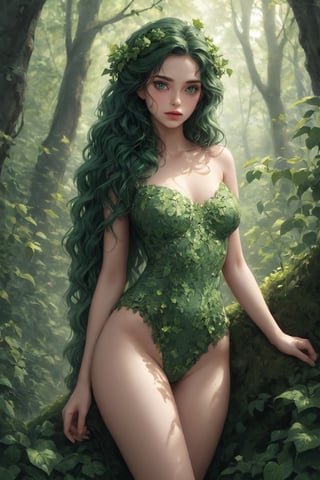 A striking fantasy movie still, featuring a captivating and mesmerizing sexy forest goddess with emerald green eyes. The young teen naked full body is covered with vibrant ivy pattern, featuring intricate floral designs and vines that come to life, capturing the essence of nature's power. Her enchanting gaze and cascading hair create an alluring atmosphere, while her minimalist style emphasizes the elegance of the design. The realism art adding to the overall impact of this extraordinary work of art. fantasy, masterpiece digital illustration, 