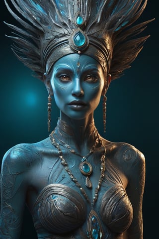 full body:1.2, ((masterpiece)), ((best quality)), (((photo Realistic))), A stunning movie still portrait of a young alluring alien female humanoid exuding playful energy, with a radiant smile that lights up her face. A fantasy portrait of a mystical female figure with deep blue skin adorned with golden and turquoise textures, resembling tribal patterns. Her hauntingly vibrant yellow eyes should pierce through the dimly lit, smoky background. This enigmatic figure made by the artist Paola Salomé, dons a weathered teal turban, with strands of wispy white hair escaping at the edges. Her presence is emphasized by the mystical, ornate staff she grips firmly in her right hand, looming tall and crafted from ancient, corroded metal with an eerie glow. She wears a tattered, earth-toned robe draped over her slender form. The ominous atmosphere is amplified by a subtle glow, suggesting unseen powers at play. The overall composition should evoke an air of dark sorcery and enigmatic wisdom.,alien