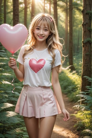 ((masterpiece)), ((best quality)), (((photo Realistic))), A mesmerizing high-resolution photograph of a seductive young girl. A stunning, vibrant 3D anime-inspired portrait of a radiantly happy woman in a summer forest. She has long, flowing blonde hair and is dressed in a white t-shirt featuring a pink heart, a pink miniskirt, white socks with pink ribbons, and pink high heels. The woman is smiling warmly while holding a white heart balloon with the name " My Darling " and threads in her hand. The sun is setting in the background, casting a golden light on the lush forest, enveloping the scene in a warm, summer glow. The image is presented as a high-quality, photo-realistic poster that captures the essence of joy and love.,cute,cutegirlmix