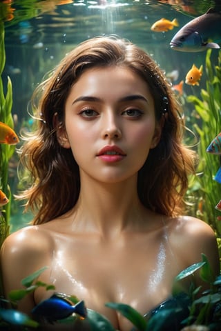 ((masterpiece)), ((best quality)), (((photo Realistic))), (3/4 portrait photo, low angle view:1.2), (8k, RAW photo, best quality, masterpiece:1.2), (realistic, photo-realistic:1.3), ultra-detailed, full body. A mesmerizing cinematic photograph of a radiant young woman. A young woman swims underwater in a crystal clear river, surrounded by colorful fish and aquatic plants. Detailed water droplets on fair skin. The sun's rays penetrate the water, creating a magical play of light and shadow. The woman's facial expression shows a mixture of calm and longing as she dives deeper into the underwater world, searching for inner peace and a sense of belonging.,photo r3al,more detail XL