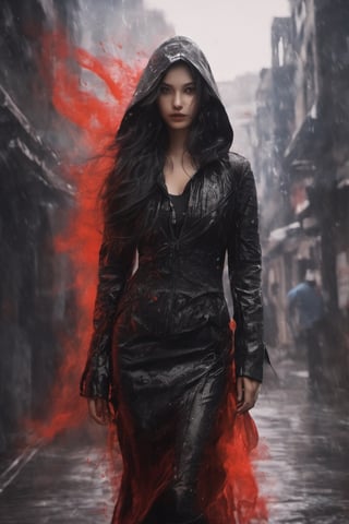 A captivating, fantasy portrait of a confident woman standing tall in the rain, exuding an enigmatic aura. She dons a black leather jacket, a red dress, and high black boots, with dark eyes and flowing loose black hair cascading down the left side of the canvas ink splash art piece featuring a strong female figure clad in a fiery red dress and a black hooded leather jacket. The contours of her face and body are boldly defined by expressive, sharply etched strokes, creating a striking contrast to her vibrant attire. The background is a whirlwind of turbulent energy, with a stormy sky and sea displaying stark lines and vivid hues. Waves crash dramatically against the shore, and the woman stands unwavering, embodying resilience, determination, and inner strength amidst the chaotic environment, ukiyo-e, dark fantasy, cinematic, poster, painting, photo, architecture, product, wildlife photography, typography, 3d render, illustration, vibrant, anime, conceptual art, graffiti, fashion, portrait photography.