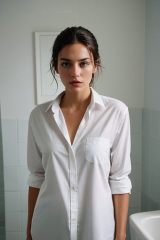 A tender and intimate photograph of a young fit woman, wearing only wet white oversized men's dress shirt, standing in a bathroom with an air of vulnerability. She revealed both modesty and surprise. Two onlookers, sharing identical expressions of astonishment, intrude upon the scene from the front. The playful, unexpected atmosphere is accentuated by the soft, sensual lighting, which envelops the scene and invites the viewer's interpretation. The composition captures the essence of unguarded encounters, stirring the viewer's emotions and igniting their imagination.