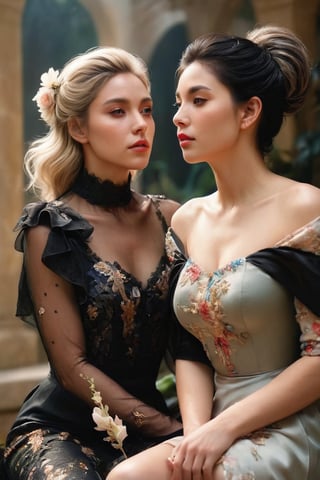 ((masterpiece)), ((best quality)), (((photo Realistic))), (portrait photo), (8k, RAW photo, best quality, masterpiece:1.2), (realistic, photo-realistic:1.3), A cinematic portrayal of two contrasting female figures, side-by-side. One woman has blonde hair and is draped in a delicate, floral-patterned garment that cascades down her legs, creating an ethereal atmosphere. The other woman has raven-black hair styled in an elegant updo, her serene expression adding to the harmonious duality. The contrast between their hair colors highlights their different natures, while the soft and muted color palette of beige, cream, and deep blacks connects them to the natural world. The scene exudes elegance and serenity, with the two women lost in their own contemplative reveries, inviting the viewer to appreciate their beauty and grace.
