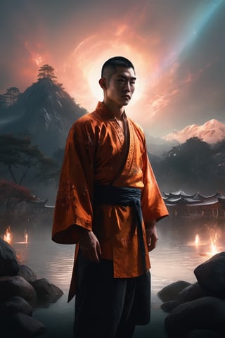 ((masterpiece)), ((best quality)), (((photo Realistic))), (8k, RAW photo, best quality, masterpiece:1.2), (realistic, photo-realistic:1.3), ultra-detailed, A mesmerizing double exposure masterpiece by the incredibly talented artist Jinxit. It features a mysterious, glowing Shaolin monk silhouette set against the breathtaking backdrop of a tranquil Chinese landscape. The ethereal illumination and the artist's imaginative vision seamlessly blend the serene beauty of nature with the captivating silhouette of the Shaolin, creating an otherworldly atmosphere. This unparalleled masterpiece, showcasing the artist's unmatched skill and vision, boasts vibrant colors, lifelike lighting, and 8K resolution that brings the artwork to life. The piece masterfully integrates various art forms, including photo, fashion, conceptual art, cinematic, photo illustration, graphic design, portrait photography, poster, painting, and 3D render, highlighting the artist's extraordinary versatility and genius.,LegendDarkFantasy,dark,epicDiP