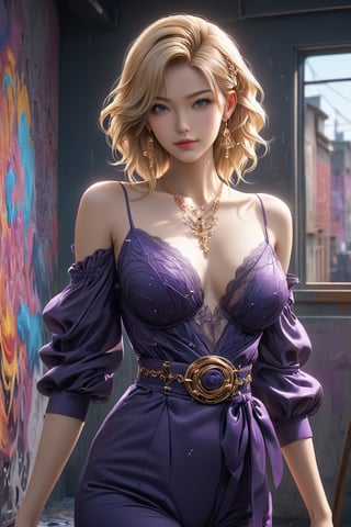 A stunning full body portrait photo of an alluring and charming blonde komoe from Namiuchigiwa no Muromi-san. Her enchanting smile draws the viewer in, while her alluring attire, including a lacy deep neckline top and strings with suspended belt, exudes elegance and sophistication. Gold earrings and a necklace adorn her, adding a touch of refinement.

The background showcases a mesmerizing, abstract swirl of deep blues and purples, creating a dynamic and energetic atmosphere that contrasts with the subject's poised demeanor. This exquisite blend of painting-like qualities, fashion, conceptual art, and photography exemplifies the artistry and innovation within this striking image. A masterpiece of conceptual art, cinematic portraiture, and photography, this 3D render stands as a testament to the creative prowess of, anime, vibrant, painting, fashion, photo, 3d render, graffiti, cinematic, conceptual art, portrait photography, illustration,better photography,mad-cyberspace