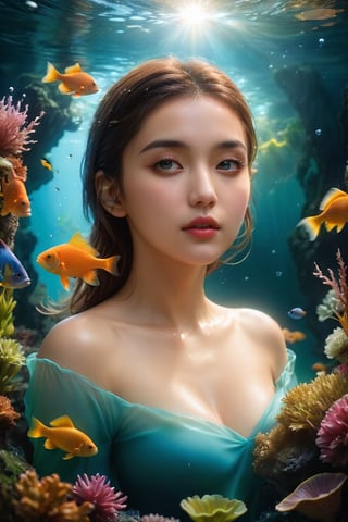 ((masterpiece)), ((best quality)), (((photo Realistic))), (3/4 portrait photo, low angle view:1.2), (8k, RAW photo, best quality, masterpiece:1.2), (realistic, photo-realistic:1.3), ultra-detailed, full body. A mesmerizing cinematic photograph of a radiant young woman. A young woman swims underwater in a crystal clear river, surrounded by colorful fish and aquatic plants. Detailed water droplets on fair skin. The sun's rays penetrate the water, creating a magical play of light and shadow. The woman's facial expression shows a mixture of calm and longing as she dives deeper into the underwater world, searching for inner peace and a sense of belonging.,photo r3al,more detail XL
