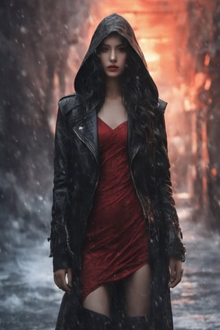 A captivating, fantasy portrait of a confident woman standing tall in the rain, exuding an enigmatic aura. She dons a black leather jacket, a red dress, and high black boots, with dark eyes and flowing loose black hair cascading down the left side of the canvas ink splash art piece featuring a strong female figure clad in a fiery red dress and a black hooded leather jacket. The contours of her face and body are boldly defined by expressive, sharply etched strokes, creating a striking contrast to her vibrant attire. The background is a whirlwind of turbulent energy, with a stormy sky and sea displaying stark lines and vivid hues. Waves crash dramatically against the shore, and the woman stands unwavering, embodying resilience, determination, and inner strength amidst the chaotic environment, ukiyo-e, dark fantasy, cinematic, poster, painting, photo, architecture, product, wildlife photography, typography, 3d render, illustration, vibrant, anime, conceptual art, graffiti, fashion, portrait photography.