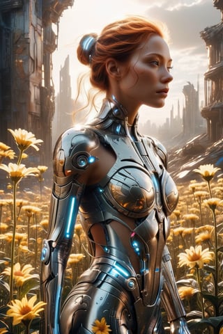 ((masterpiece)), ((best quality)), (((photo Realistic))), A mesmerizing ultra-high-definition image of a stunning cyborg young woman in a dreamlike, futuristic world. She gracefully bends down to pick the last remaining white flower amidst the ruins of a post-apocalyptic landscape. The cyborg's sleek, metallic body contrasts beautifully with the vibrant, ethereal flower, symbolizing hope in a desolate environment. The masterful use of light and shadows creates a mesmerizing atmosphere, while the impeccable composition and realistic representation make this a stunning  movie still.,cyborg,glitter