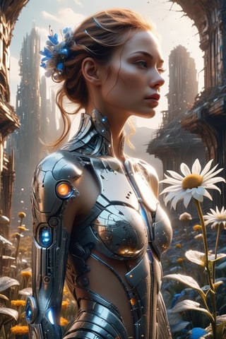 ((masterpiece)), ((best quality)), (((photo Realistic))), A mesmerizing ultra-high-definition image of a stunning cyborg young woman in a dreamlike, futuristic world. She gracefully bends down to pick the last remaining white flower amidst the ruins of a post-apocalyptic landscape. The cyborg's transparent glass body contrasts beautifully with the vibrant, ethereal flower, symbolizing hope in a desolate environment. The fantasy light and shadows creates a mesmerizing atmosphere, while the impeccable composition and realistic representation make this a stunning  movie still.,cyborg,glitter