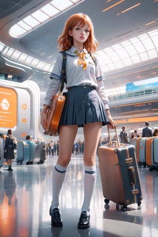 masterpiece photography, mid shot, fashional dressed young woman with orange hair and a suitcase in a futuristic interior of the high-tech airport, a gorgeous portrait inspired by Harriet Powers, trending on CG society, digital art, a hyperrealistic schoolgirl, hyperrealistic schoolgirl, dressed as schoolgirl, school girl, realistic schoolgirl, still from a live-action movie, wearing a mini skirt and high socks, promotional still, magical school student uniform, photo still, airport interior background,