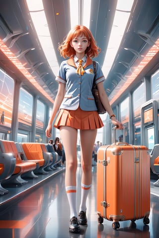 masterpiece photography, mid shot, fashional dressed young woman with orange-coral hair and a suitcase on the sleek ground in a futuristic interior of the high-tech airport, a gorgeous portrait inspired by Harriet Powers, trending on CG society, digital art, a hyperrealistic sexy schoolgirl, hyperrealistic young alluring schoolgirl, dressed as a high school girl, realistic, epic still from a live-action movie, wearing a mini skirt and high socks, promotional still, magical school student uniform, the movie photo still, airport interior background,futurecamisole,3d style