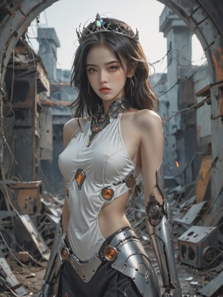 A mesmerizing image of a dark-haired female with crown of barbed wire and a glow orange, Epic full bodymasterpiece,, 8K, ultra detailed graphic tension, dynamic poses, stunning colors, 3D rendering, surrealism, cinematic lighting effects, realism, 00 renderer, super realistic, full - body photos, super vista, super wide Angle, In a futuristic abandoned city, a girl with a huge mechanical arm is engaged in a fierce struggle with the enemy, Her name is Eve a fighting angel from the future world, Her eyes are firm and resolute, showing the desire for victory, high-definition picture, real effect, hyper-realistic portraits, xiaofei yue, uniformly staged images, flat yet expressive, style raw, cinematic, fashion, ,Mechanical part,futurecamisole,better photography
