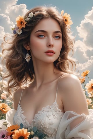  ((masterpiece)), ((best quality)), (((photo Realistic))), A captivating image featuring an enchanting, ethereal young lustful woman in a breathtaking white wedding dress. She is gracefully floating among fluffy clouds while holding a delicate bouquet of anemones. She has beautiful symmetrical eyes. Her shy, yet radiant smile conveys an air of happiness and mystery, blending elements of cinematic movie scene. create a dreamlike atmosphere that envelops the viewer in this magical moment,cinematic style,SDXL