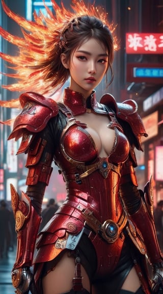 A striking cinematic of a mechanical young woman warrior in a cyberpunk-inspired world, merging the intense and dramatic atmosphere of the first prompt with the detailed, futuristic elements of the second. The warrior, predominantly dressed in red and gold armor, is engulfed in flames that originate from her body and the two large guns she wields. Her armor features intricate designs and symbols, adding to the overall intensity. The setting is a dark, smoky world where advanced technology and dark fantasy blend seamlessly. The background is a futuristic cityscape, with neon lights and holographic advertisements adding to the cyberpunk atmosphere. The warrior's appearance is both fierce and captivating, with a hint of ukiyo-e influence in her design., fashion, anime, dark fantasy, conceptual art, ukiyo-e, poster,xxmix_girl