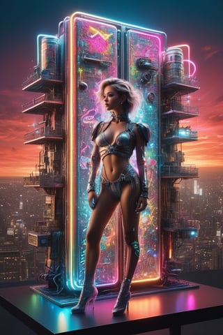 full body:1.2, ((masterpiece)), ((best quality)), (((photo Realistic))), A striking portrait of a young svelte woman looking back against a glowing background adorned with futuristic gleaming gadgets. A stunning live-action-movie-inspired scene of a young alluring woman, adorned in futuristic fashion with neon accents, leaving her mark on Earth. She holds a can of spray paint and stands next to the incredible architecture of a towering building with a glass exterior. The architecture is adorned with her graffiti artwork, which glows against the dark city skyline. The background reveals a vibrant cityscape, with a rainbow of colors painting the sky., graffiti, anime, fashion, architecture
