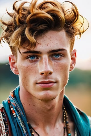 ((European male)), young, ((25 years old)), ((high school boy)), handsome, ((wave hair)), blue eyes, ((jawline)), ((freckle whole body)), ((showing upper body)), open upper chest, ((bohemian clothes style)), bohemian jewelry