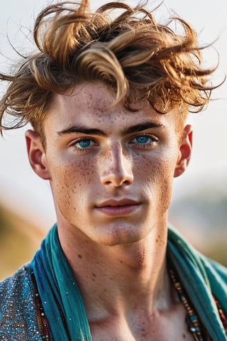((European male)), young, ((25 years old)), ((high school boy)), handsome, ((wave hair)), blue eyes, ((jawline)), ((freckle whole body)), ((showing upper body)), open upper chest, bohemian clothes style, bohemian jewelry