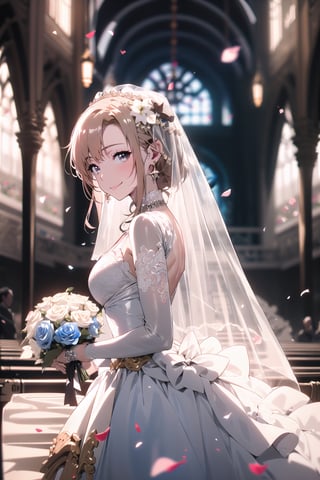 (1 beautiful woman, expensive detailed white wedding dress design by Francesca Miranda, white bride veil, long white gloves), walking to the altar, holding a bouquet, church location, wedding, celebration time, petals falling down, people sitting down background, priest in front of the spouse, close-up ,perfecteyes,yuuki asuna, smiling, shy