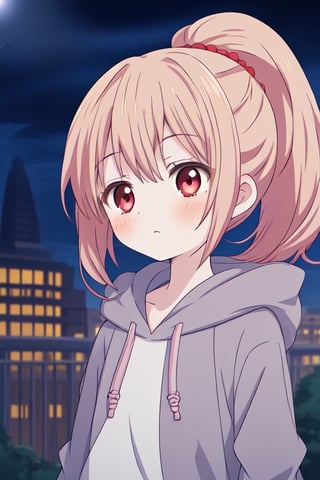 anime, dark late night, 1girl, facing towards at the skies alone, absurdres, a cute and adorable female child, 14 years old, black brown ponytail hair, small hoodie, upper body shot, best quality
