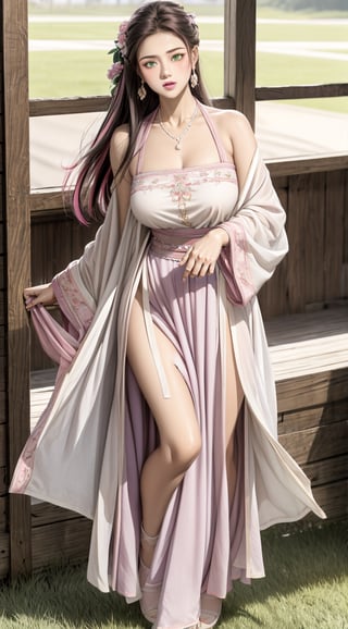 (slim legs),black hair,2 girl,natural big breasts,busty,Off the shoulders,(low cut),Ancient traditional Hanfu decorated with intricate patterns or ornate details,knees together ,sweat,Slobber,purple stockings,blush,shy,pearl necklace,tongue out,cinematic lighting,long hair,multicolored hair ,sisters,prairie background,(masterpiece, best quality, ultra-detailed, 8K), pink lips,green eyes, hime cut,myhanfu,chinese clothes, hanfu,Realistic,realhands