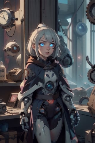 female, gnome, android, clockwork, rouge,fantasy, robot_girl, grey hair, blue eyes , cloak, glowing eyes , gears , assassin, thief, autognome,mechagnome, robot,fembot,Robot, no skin to see, dungeons_&_dragons, dark fantasy, old style, clock , gear