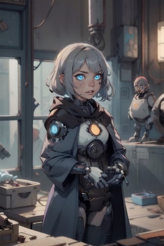 female, gnome, android, clockwork, rouge,fantasy, robot_girl, grey hair, blue eyes , cloak, glowing eyes , gears , assassin, thief, autognome,mechagnome, robot,fembot,Robot, no skin to see, dungeons_&_dragons, dark fantasy, old style, clock , gear