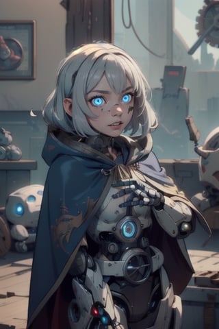 female, gnome, android, clockwork, rouge,fantasy, robot_girl, grey hair, blue eyes , cloak, glowing eyes , gears , assassin, thief, autognome,mechagnome, robot,fembot,Robot, no skin to see, dungeons_&_dragons, dark fantasy, old style, clock , gear