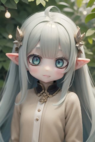 cute, masterpiece, illustrated, elf, green-eyes, long white hair