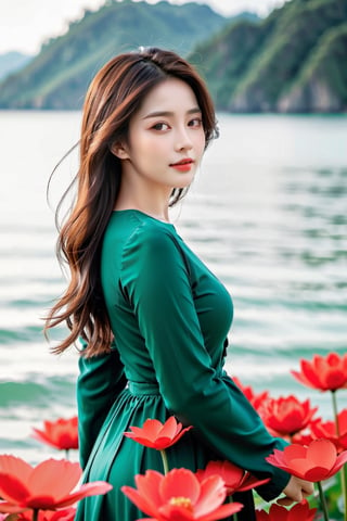Best Quality,Masterpiece,Ultra High Resolution,(Realisticity:1.4),photorealistic,extreme detailed,Original Photo,1girl,portrait,(fullbody),elf,silver hair,solo,(dynamic posture:1.4),ao dai,(dark sea green tone:1.2),giant lotus leaf,dress,looking at the audiences,long sleeves,red lips,smile,50mm,F0.8,8K raw,depth of field,