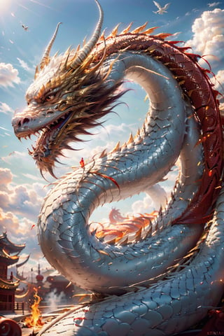 Best quality,masterpiece,ultra high res,nu no humans, (long:1.2), no humans, cloud, architecture, east asian architecture, red eyes, horns, open mouth, sky, fangs, chinese dragon, cloudy sky, teeth, flying, fire, bird, wings ,long, EpicArt (Masterpiece, Best Quality, 8k:1.2), (Ultra-Detailed, Highres, Extremely Detailed, Absurdres, Incredibly Absurdres, Huge Filesize:1.1), (Anime Style:1.3), , Golden oriental dragon,Cyberpunk,Golden Chinese Dragon,Oriental Dragon,Goku
