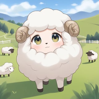 a very cute sheep, fluffy wool, big eyes, small nose, playful expression, pastoral background