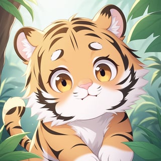 a very cute tiger, big eyes, small nose, soft fur, playful expression, jungle background
