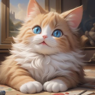 ((masterpiece)),((best quality)), 8k, high detailed, ultra-detailed, an oil painting of a very cute cat, realistic textures, vibrant colors, big eyes, soft fur, playful expression, detailed background