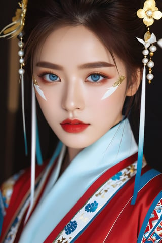 4k, office art, 1girl with robe armor, decorated with complex patterns and exquisite lines, k-pop, blue eyes, dark red lips,
