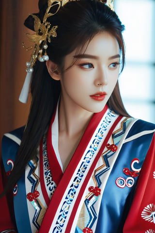 4k, office art, 1girl with robe armor, decorated with complex patterns and exquisite lines, k-pop, blue eyes, dark red lips,
