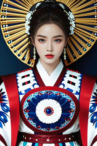 4k, office art, 1girl with robe armor, decorated with complex patterns and exquisite lines, k-pop, blue eyes, dark red lips,
