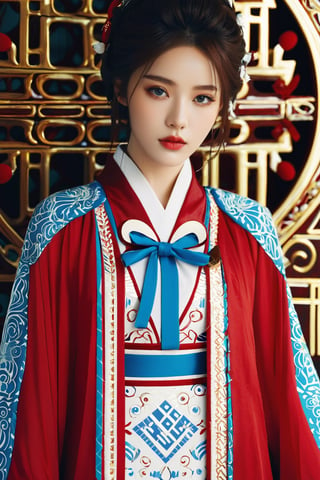 4k, office art, 1girl with robe armor, decorated with complex patterns and exquisite lines, k-pop, blue eyes, dark red lips,
