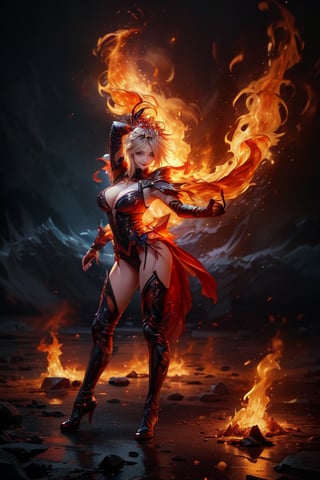 (masterpiece, high quality:1.5), (8K, HDR), masterpiece, best quality, 1girl, solo, full Body, black background, FuturEvoLabFlame, swords on fire, sexy, model pose, realistic face, looking into camera