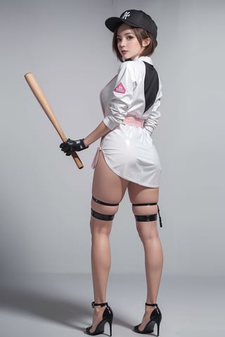 a girl,beautifil,wearing a white and pink latex dress with a short white jacket,gloves,neck,thighs,sexy,thigh straps,white garter,baseball cap,leaning,short hair,lipstick,thigh bag,bunny ears,posing for photoshot,seducitve pose, mid size breast, full body, back view