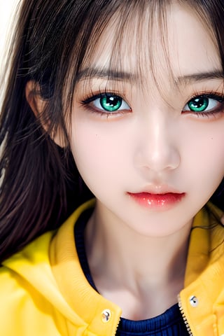 1 Girl, brown long hair, brown eye, yellow coat, green sneakers, close up, ,photo of perfecteyes eyes, 169cm, 49kg